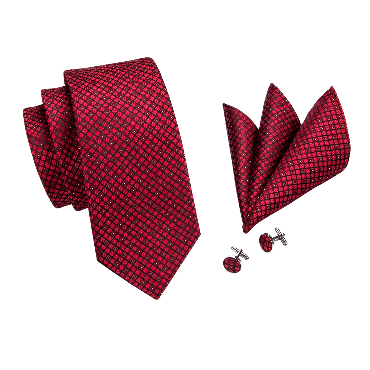 Designer Red Burgundy Plaid Silk Wedding Tie for Men Handky Cufflink Gift Mens Necktie Fashion Business Party Dropshiping